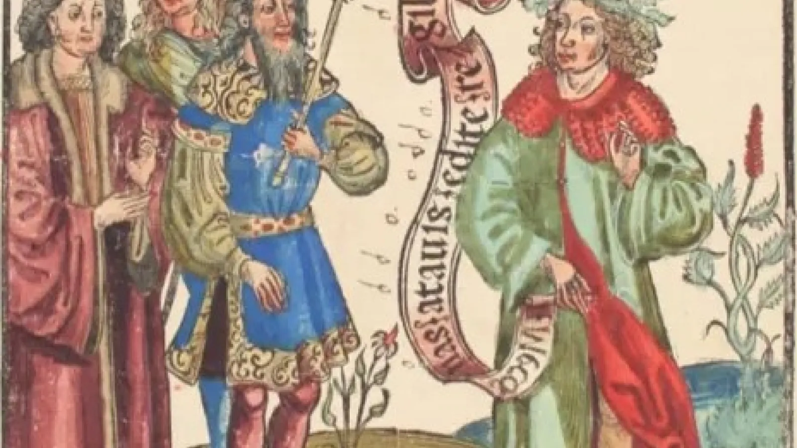 Woodcut of Horace presenting his odes to Maecenas